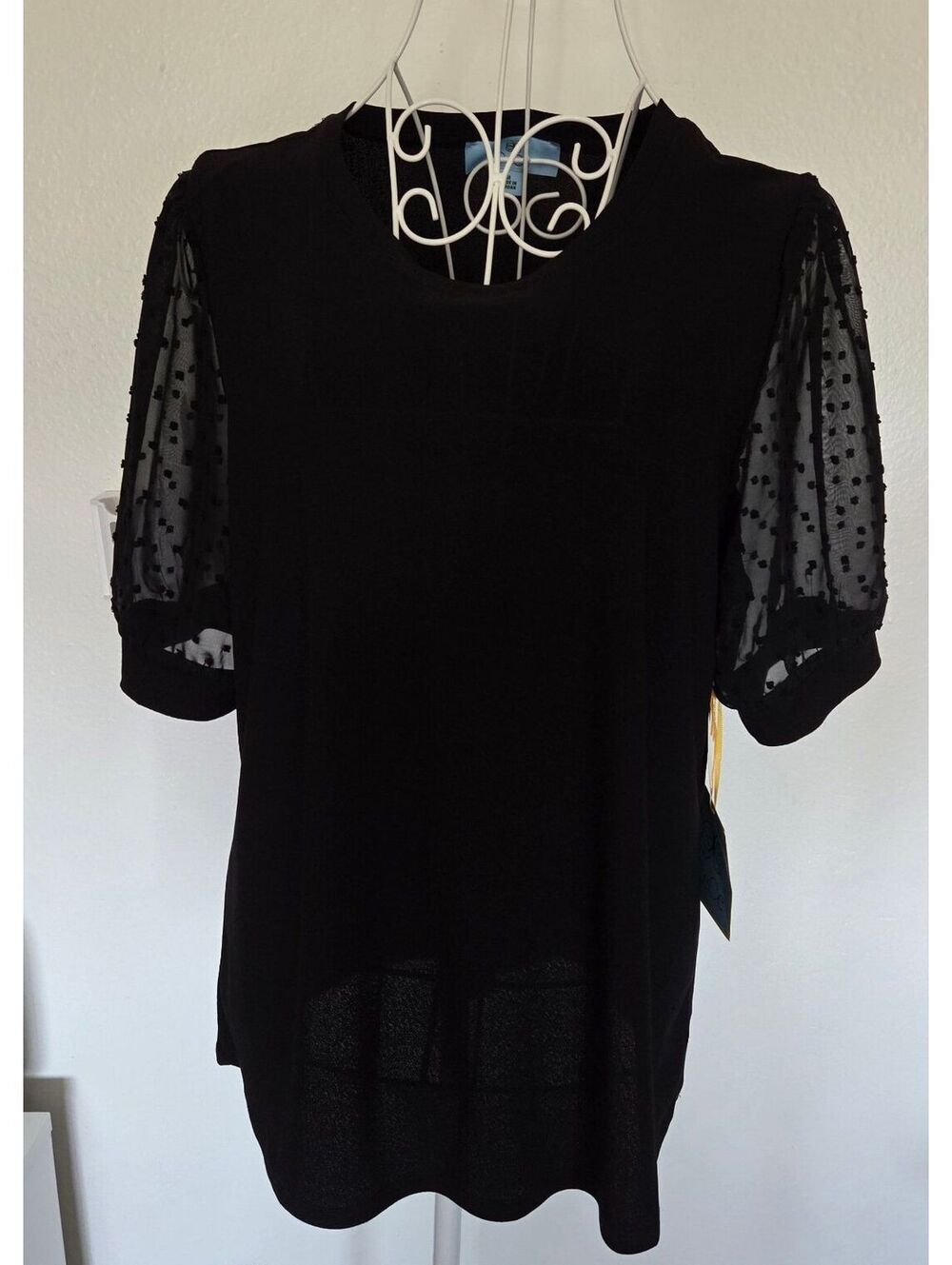 CeCe Black Puff Sleeve Blouse with Sheer Polka Dot Sleeves Size M